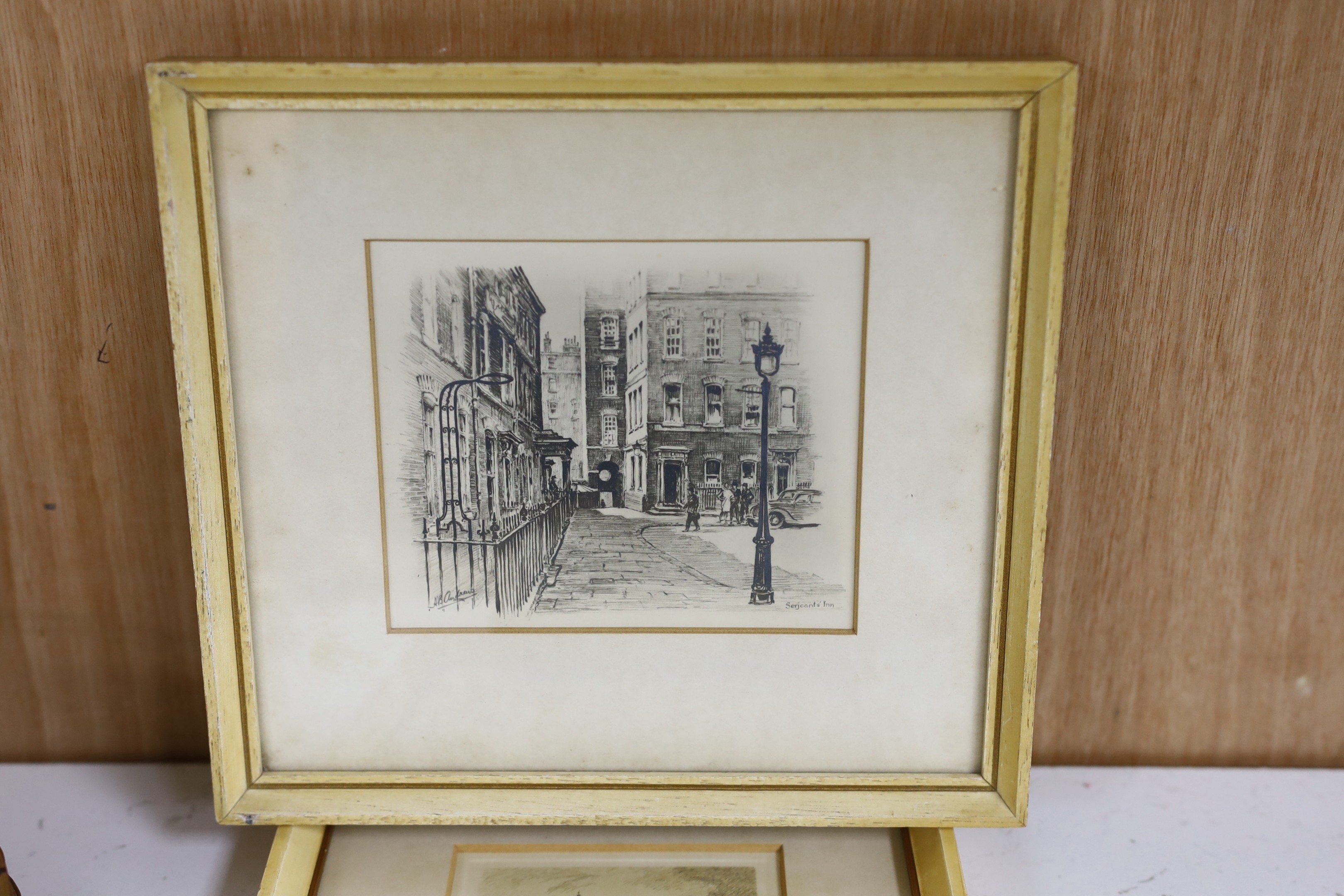 H.B. Andrews (fl.1920's), pencil drawing, 'Sergeants in Fleet Street', signed, 9.5 x 11cm, and three printed Views of London by Arthur Cherry